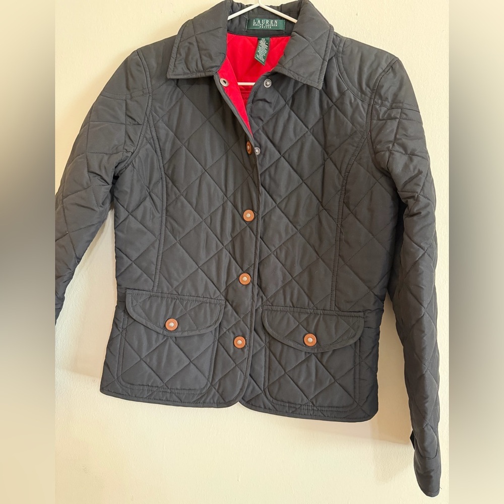 Ralph Lauren Women's Black Quilted Utility Jacket with Red Lining